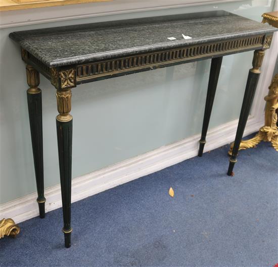 A Regency style black and giltwood marble topped hall table W.122cm
